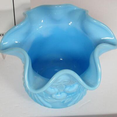 Blue Slag Milk Glass Wreathed Cherry Ruffled Vase