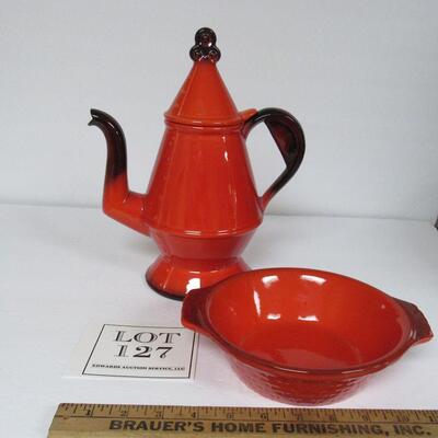 Vintage Metlox Red Rooster Coffee Server and Tab Handled Bowl