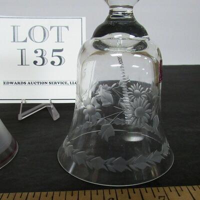 2 Vintage Glass Bells, Hand Painted Flowers on Frosted Base and Cut Glass Flowers on Clear, Romania, See all photos.