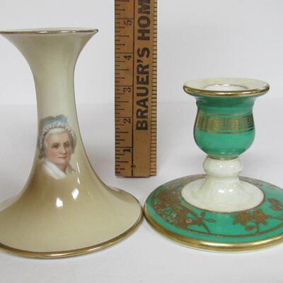 Two Nice Old Candlesticks, Limoges France George and Martha Washington, and Noritake Green/Gold