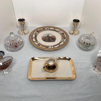 Candle holders, marbles, shalimar, daisy cologne, saucer creamer