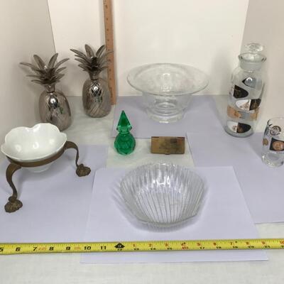 Glassware, crystal, brass, candle sticks, 