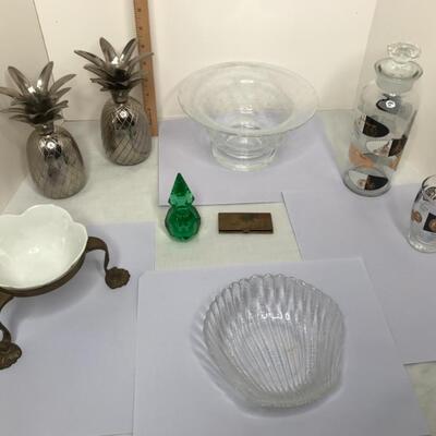 Glassware, crystal, brass, candle sticks, 