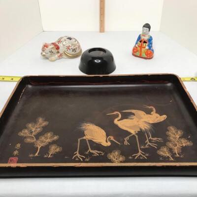 MCM tray and bowl, incense burner Asian design, satsuma porcelain cat