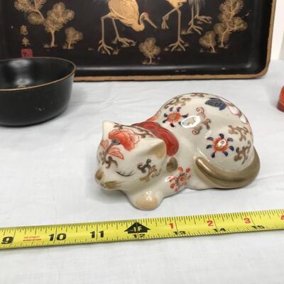 MCM tray and bowl, incense burner Asian design, satsuma porcelain cat