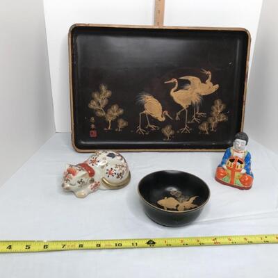 MCM tray and bowl, incense burner Asian design, satsuma porcelain cat