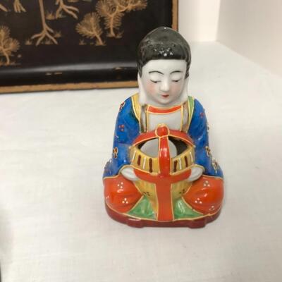 MCM tray and bowl, incense burner Asian design, satsuma porcelain cat