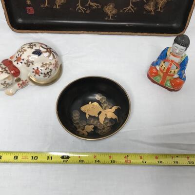 MCM tray and bowl, incense burner Asian design, satsuma porcelain cat