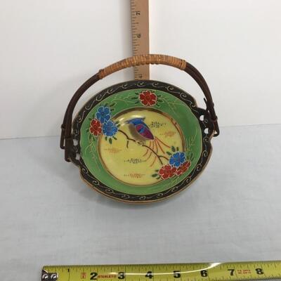 Hand Painted Asian Bowl with Bamboo Handle