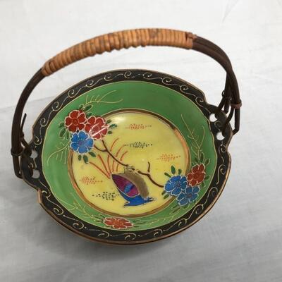 Hand Painted Asian Bowl with Bamboo Handle