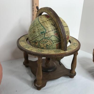 Clock, shell necklace, bracelet box, beehive vase, globe, Asian vase, marble brass plaque, vintage hand warmer