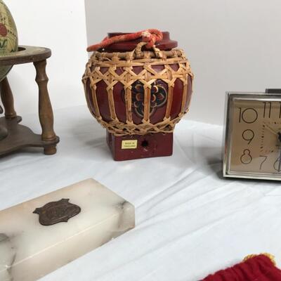 Clock, shell necklace, bracelet box, beehive vase, globe, Asian vase, marble brass plaque, vintage hand warmer