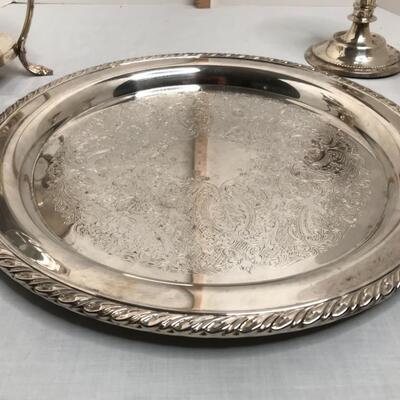 Silver plate candle sticks, tray coffee pot