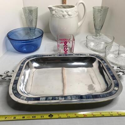 Pitcher, glasses, bowl, fleur de le tray and vase 2 heart candy dishes