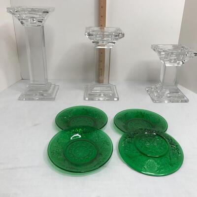 Crystal candlesticks, 4 small plates/coasters