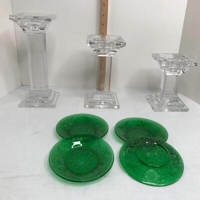 Crystal candlesticks, 4 small plates/coasters