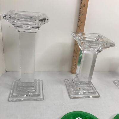 Crystal candlesticks, 4 small plates/coasters