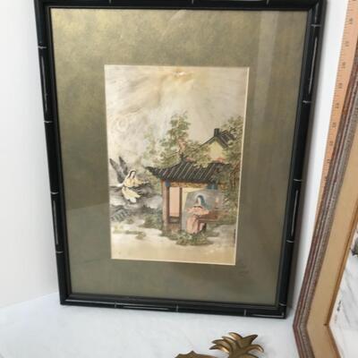 Brass pineapple, Asian tile picture, silk screened Asian print