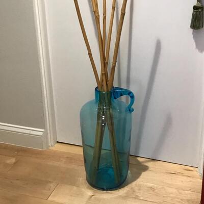 Hand Blown Jar Teal Glass Applied Handle