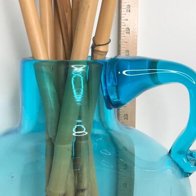 Hand Blown Jar Teal Glass Applied Handle