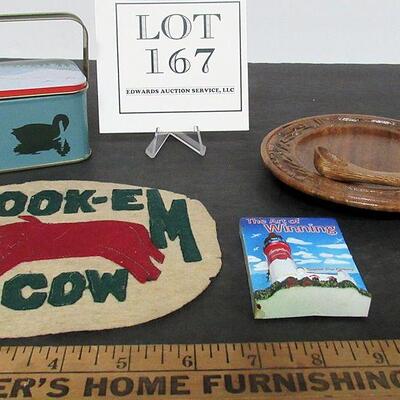 Misc Lot, Small Tin Box, Wood Plate and Spoon, Magnet, Vintage Patch