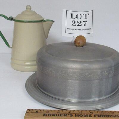 Enamelware Coffee Pot, Aluminum Oak Pattern Cake Saver