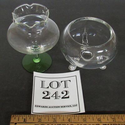 Vintage Glass Vases, Green Footed and Clear, Unmarked