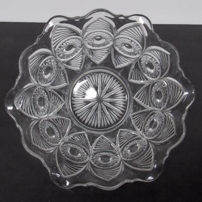 Vintage Pattern Glass Ruffled Bowl Bullseye and Fan 7"