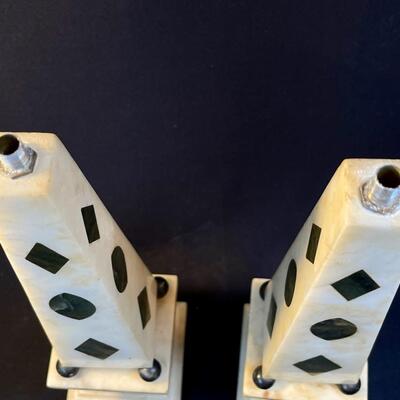 Pair Inlaid Marble White And Black Obelisks Lamp Bases