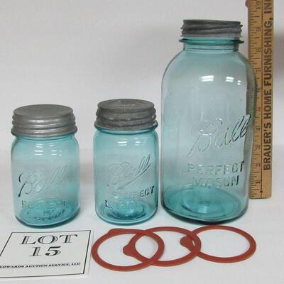 3 Vintage Teal Ball Mason Canning Jars, 2 Different Front Pints, 1 Half Gallon