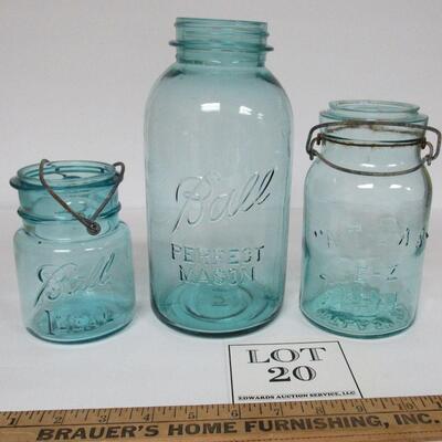 3 Vintage Teal Canning Jars Ball and Atlas EZ Seal