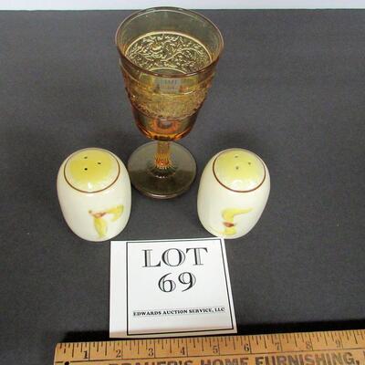 Amber Pressed Glass Goblet, Pair Pottery Shakers, Unmarked