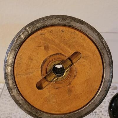 Lot 148: Primitive Wood Desktop File Box, Enamel Doorknob and Candleholder made from Primitive Pieces