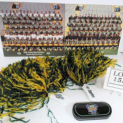 Green Bay Packers Lot, 2 Team Photos 1996, 1997, 2 Pompoms, Empty Tin