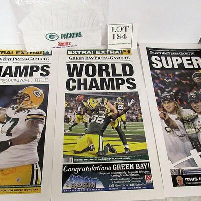 Green Bay Packers Chef's Hat and Lot of 3 Green Bay Packers Huge Laminated Posters, Champs, Super Bowl