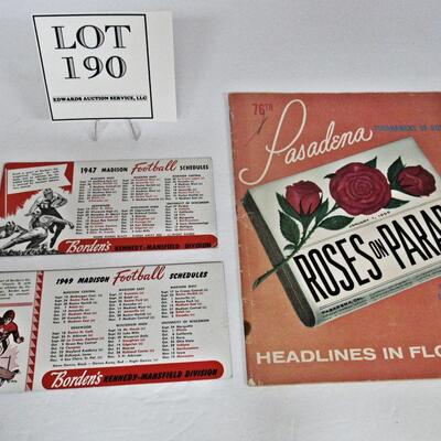 Madison Football Schedules, 1947 & 1949, and Pasadena Tournament of Roses Roses on Parade Program 1965
