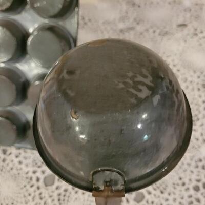 Lot 223: Antique Enamelware Muffin Pan, Ladel and Small Rectangle Pan
