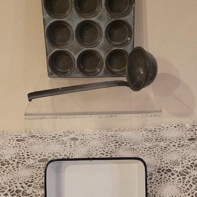 Lot 223: Antique Enamelware Muffin Pan, Ladel and Small Rectangle Pan