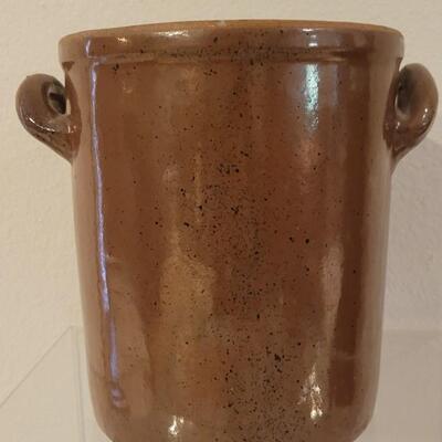 Lot 238: Antique Brown Glaze Stoneware Crock with Double Handles with Maker's Mark on the Bottom
