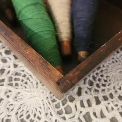 Lot 242: Antique & Vintage Decorative Pieces- Spools of Yarn, Wood Box, Shoe Tree and Travel Iron in Box