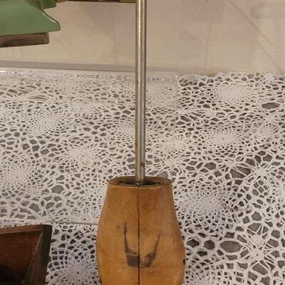 Lot 242: Antique & Vintage Decorative Pieces- Spools of Yarn, Wood Box, Shoe Tree and Travel Iron in Box