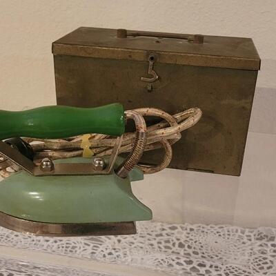 Lot 242: Antique & Vintage Decorative Pieces- Spools of Yarn, Wood Box, Shoe Tree and Travel Iron in Box