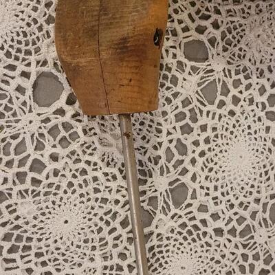 Lot 242: Antique & Vintage Decorative Pieces- Spools of Yarn, Wood Box, Shoe Tree and Travel Iron in Box