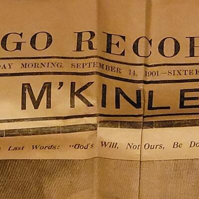 Lot 260: 1901 Chicago Record Newspaper announcing "President M'Kinley is Dead"