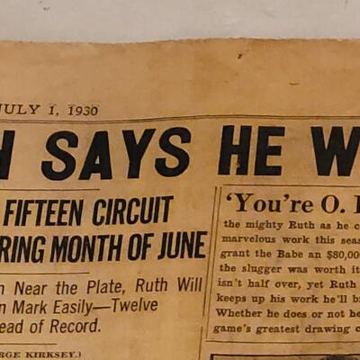 Lot 261: 1930 Denver Post "Ruth says he will Break His Homerun Record" Newspaper