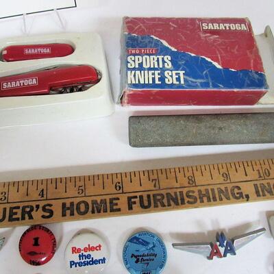 Misc Smalls, Wise Owl Cleaners Owl Key Ring, Bottle Opener, Jack Knives, Old Dog Tags, Sharpening Stone, Etc