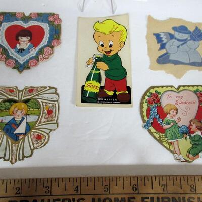 Nice Vintage Advertising Squirt Decal, 1953, Very Good Condition, and 3 Vintage Valentines, Paper Snowman