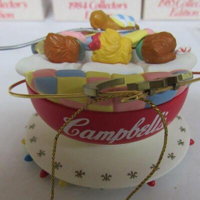 Lot of Vintage Campbell's Soup Christmas Ornaments, 1 Plastic, 6 Glass In Box 1983-86, 1988, 1989, 1993