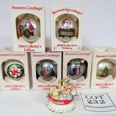 Lot of Vintage Campbell's Soup Christmas Ornaments, 1 Plastic, 6 Glass In Box 1983-86, 1988, 1989, 1993