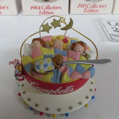 Lot of Vintage Campbell's Soup Christmas Ornaments, 1 Plastic, 6 Glass In Box 1983-86, 1988, 1989, 1993